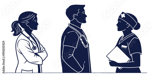 Diverse group of medical professionals standing together in solidarity