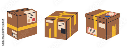 Delivery boxes. Cartoon packed cardboard boxes, carton warehouse boxes with goods, delivery or moving containers flat vector illustration set. Cargo parcels isolated on white background