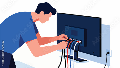 Person connecting cables to the back of a computer monitor