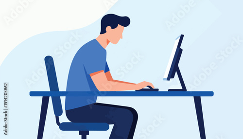 Flat illustration of a man working on a computer at a desk
