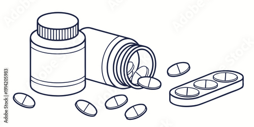 Assorted medications and pills spilled from containers on a table