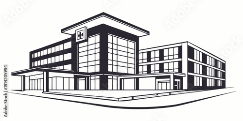 Modern commercial building with glass facade and clock tower on top