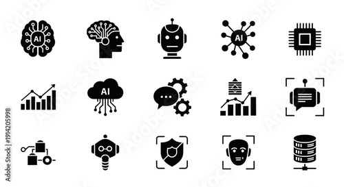 AI Silhouette Icons Set – Artificial Intelligence Solid Black Vector Collection