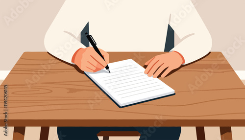 Hands writing with a pen on lined paper on a wooden desk