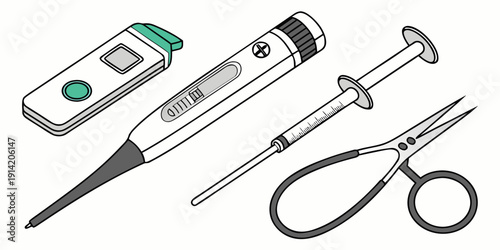 Assorted medical tools including scissors, forceps, and syringes