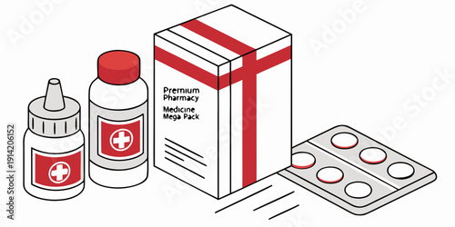 Medical supplies including pills, ointment, and a first aid kit box.