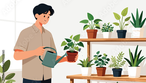 Young man watering a collection of potted houseplants