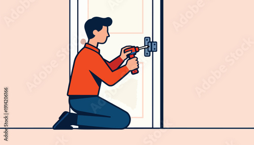 Man kneels, fixing door hinge with power drill
