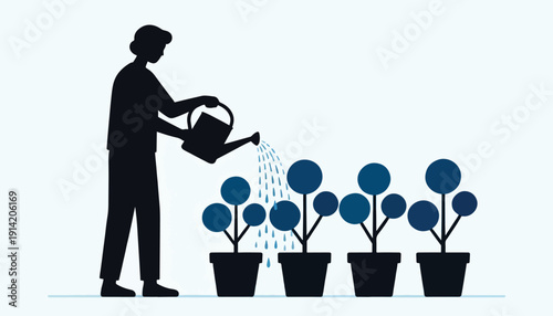 Person waters potted blue circular plants on a light blue background