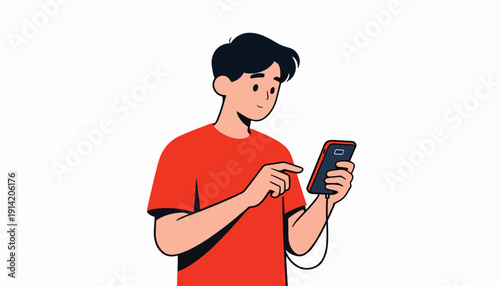 Young person in a red shirt looking at and touching a smartphone