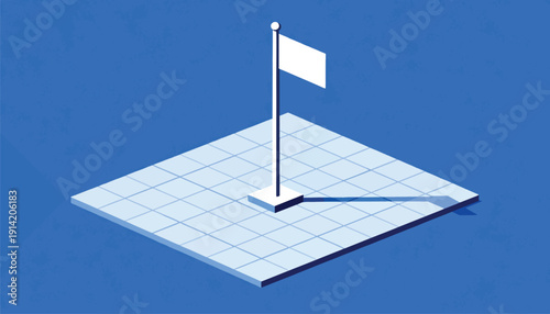 Isolated white flag on a checkered platform against a textured blue background