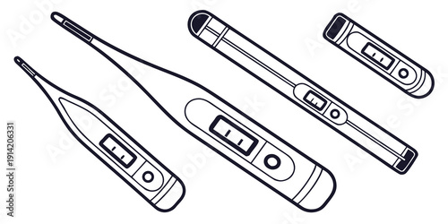 Assorted thermometers displayed in a row for temperature measurement purposes