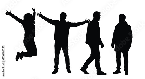 People silhouettes set with different poses and actions against white background featuring black figures, human figures, body language with movement and gesture elements for happiness, sadness