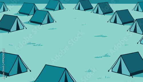 Numerous teal tents are arranged in a circle on a grassy, light blue field