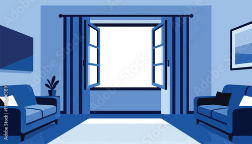 Open window overlooks a room with sofas, curtains, and artwork