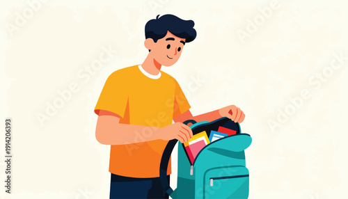 A smiling young person puts colorful books into a teal backpack