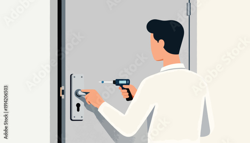 Man in white shirt uses tool to adjust door lock mechanism