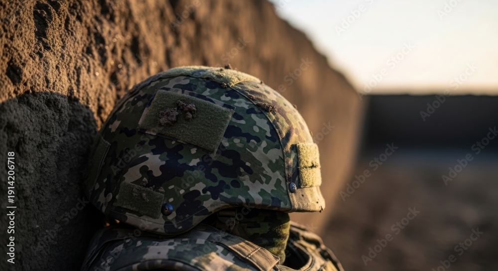 Obraz premium Camouflage military helmet rests against rough wall during golden hour. Military helmet provides tactical protection for soldier in active duty. Concept military helmet for defense reporting,