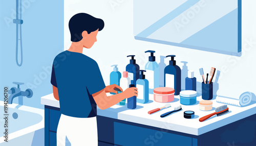 Person selecting toiletries from a vanity beside a bathtub