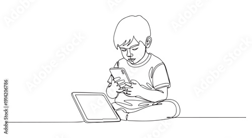 A young child deeply immersed in digital technology, holding a smartphone and looking at a tablet, reflecting modern screen usage and youthful engagement