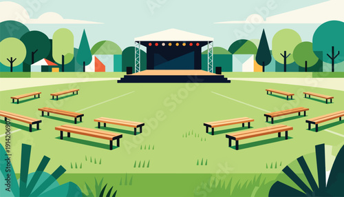 Outdoor stage and empty benches in a park setting with abstract trees