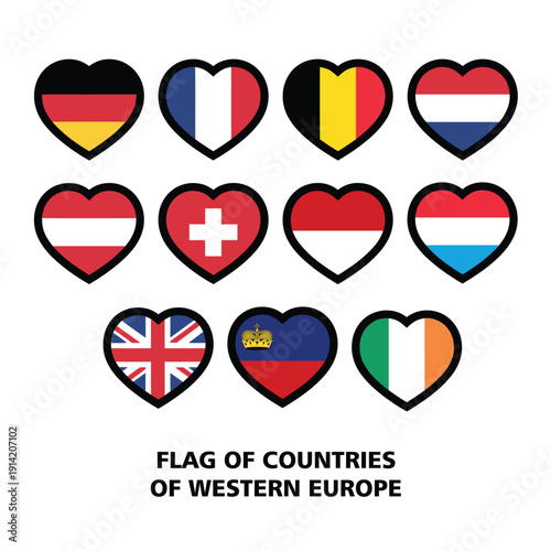 Heart shaped flags of Western European countries including Germany, France, UK, Switzerland, and Austria, symbolizing love for Europe.