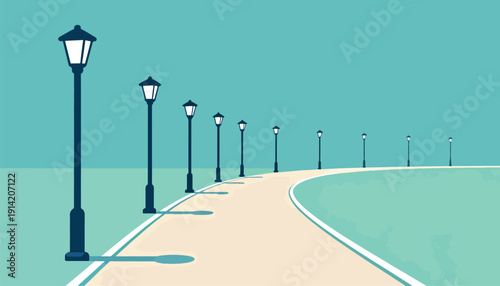 A winding path with a line of lampposts under a clear sky