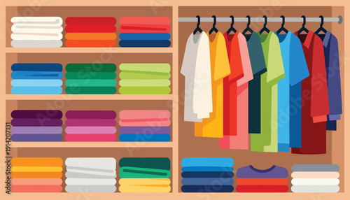 A colorful wardrobe filled with neatly folded clothes and hanging garments