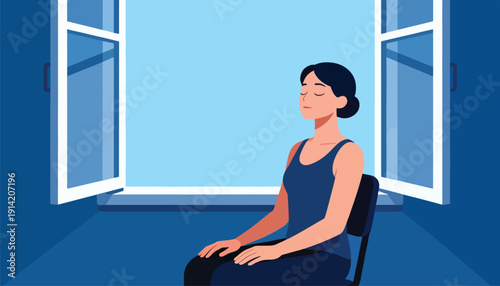 Woman meditating by an open window with a clear blue sky