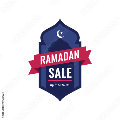 Ramadan Sale Promotion Banner on Dark Blue Shield with Red Crescent, Highlighting 50% Off Offer in Elegant Graphic Design
