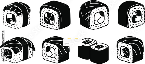 Icon set of various sushi rolls in black and white