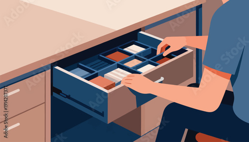 Person's hands organizing a desk drawer with compartments and items