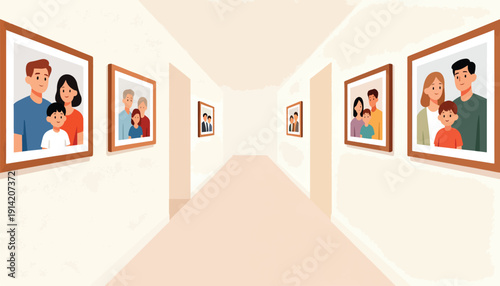 A long hallway with framed family portraits on the walls