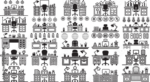 A collection of office desks with various items and charts on white background