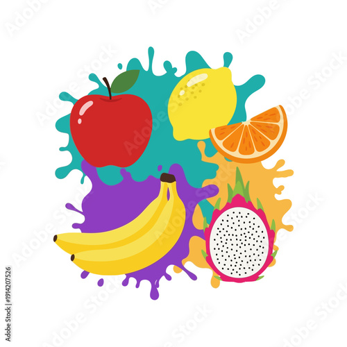 Vibrant Fruit Splash Illustration with Apple, Banana, Lemon, Orange, and Dragon Fruit.