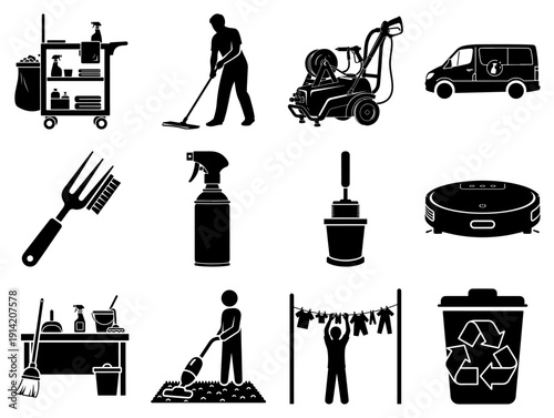 House Cleaning Tools and Activities Illustrated in Black and White 1
