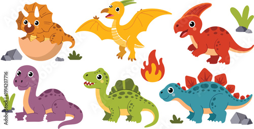 Collection of cute cartoon dinosaurs in various colors and poses on a white background