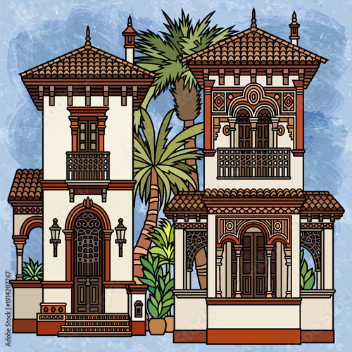 Retro line art illustration of Mediterranean villas and tropical garden with textured vintage background and desert plants.