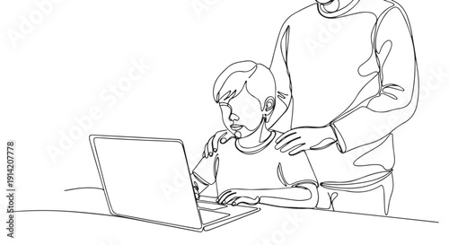 Generational Connection An Adult's Gentle Guidance to a Child Focused on a Laptop Screen