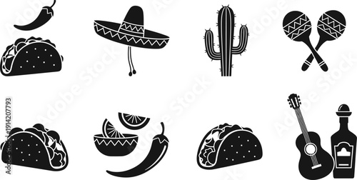 Mexican fiesta icon set sombrero cactus taco chili and more
