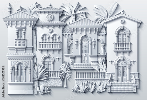 Elegant monochrome paper-cut style illustration of ornate Middle Eastern facades with arches, columns, and tropical plants, creating a refined architectural composition with layered shadows.