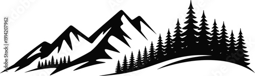 Black mountain and pine tree forest landscape silhouette vector illustration for outdoor adventure nature exploration and wilderness designs