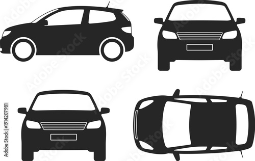 Black hatchback car silhouette vector illustration set showing side front and top views for automotive transport design projects