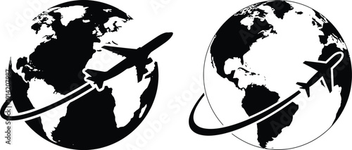Black and white illustration of two airplanes circling the earth
