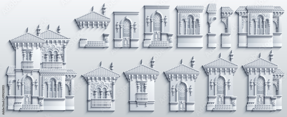 Obraz premium Monochrome paper-cut style collection of ornate Middle Eastern architectural facades and elements with arches, balconies, and tiled roofs, arranged as a decorative 3D relief set.