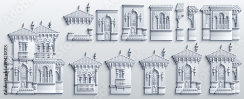 Monochrome paper-cut style collection of ornate Middle Eastern architectural facades and elements with arches, balconies, and tiled roofs, arranged as a decorative 3D relief set.