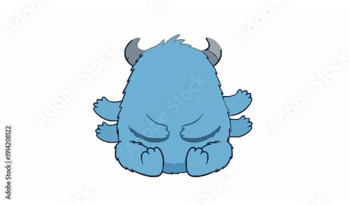 Adorable Blue Fluffy Six Arm Monster Character with Horns Happy Fantasy Cartoon Vector on White Background