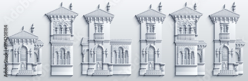 Monochrome paper-cut style collection of ornate Middle Eastern architectural facades and elements with arches, balconies, and tiled roofs, arranged as a decorative 3D relief set.