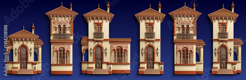 Detailed 3D illustration set of traditional Middle Eastern tower houses with ornate arches, balconies, and tiled roofs, arranged in a row on a dark blue background