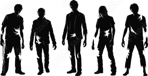 Scary collection of male zombie silhouettes with torn clothes standing for Halloween horror posters and spooky graphic design
